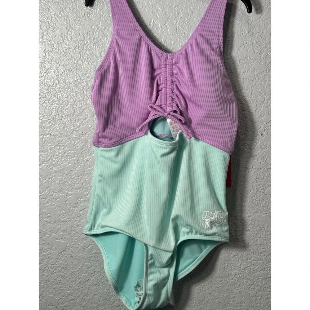 Justice Girls Size LG cutout color block One-Piece Swimsuit Ribbed Purple/Turqu